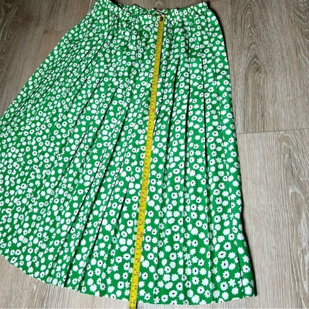 Vtg 90s Andrea Gayle Green Pleated Black White Floral Maxi Skirt 14.5” 12 M L